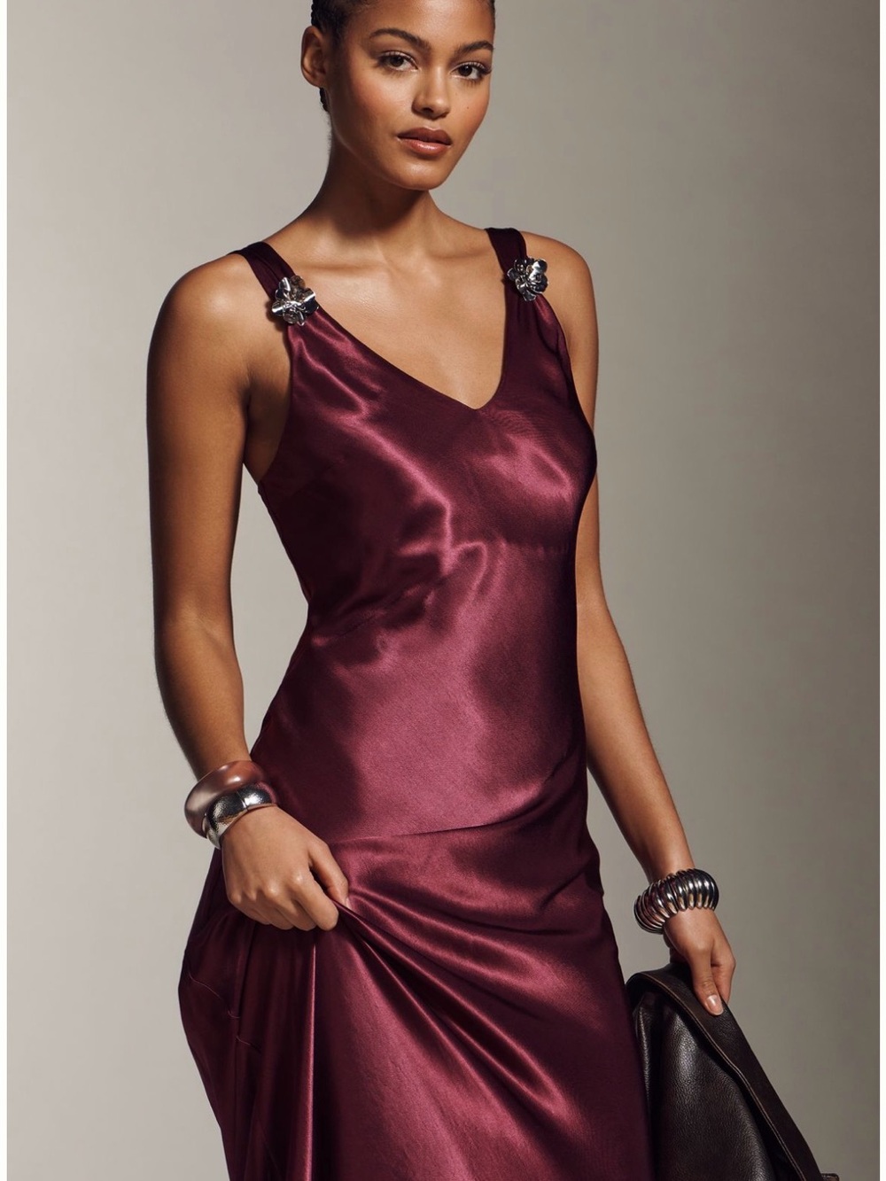 Anthropologie Satin Slip Maxi Dress in Deep Wine